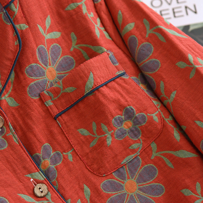 Red, Beautiful Jacquard weave cotton women's floral, daisy pajamas, Long sleeve women's pajamas, Button down pajama shirt, elastic waisted pajama trousers, women's pajamas for year round wear, comfortable, breathable, soft women's pajamas.