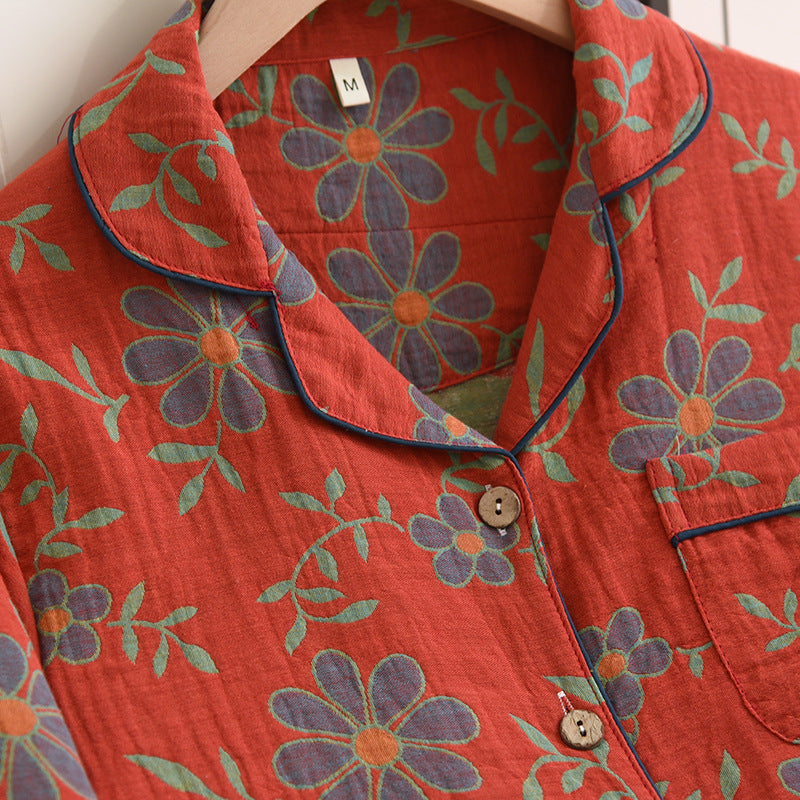 Red, Beautiful Jacquard weave cotton women's floral, daisy pajamas, Long sleeve women's pajamas, Button down pajama shirt, elastic waisted pajama trousers, women's pajamas for year round wear, comfortable, breathable, soft women's pajamas.