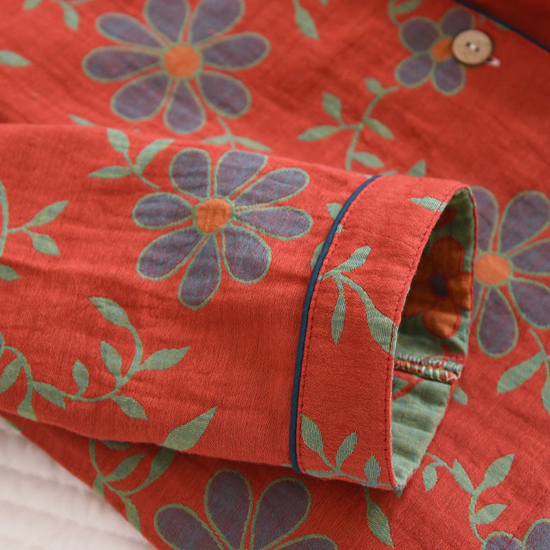 Red, Beautiful Jacquard weave cotton women's floral, daisy pajamas, Long sleeve women's pajamas, Button down pajama shirt, elastic waisted pajama trousers, women's pajamas for year round wear, comfortable, breathable, soft women's pajamas.