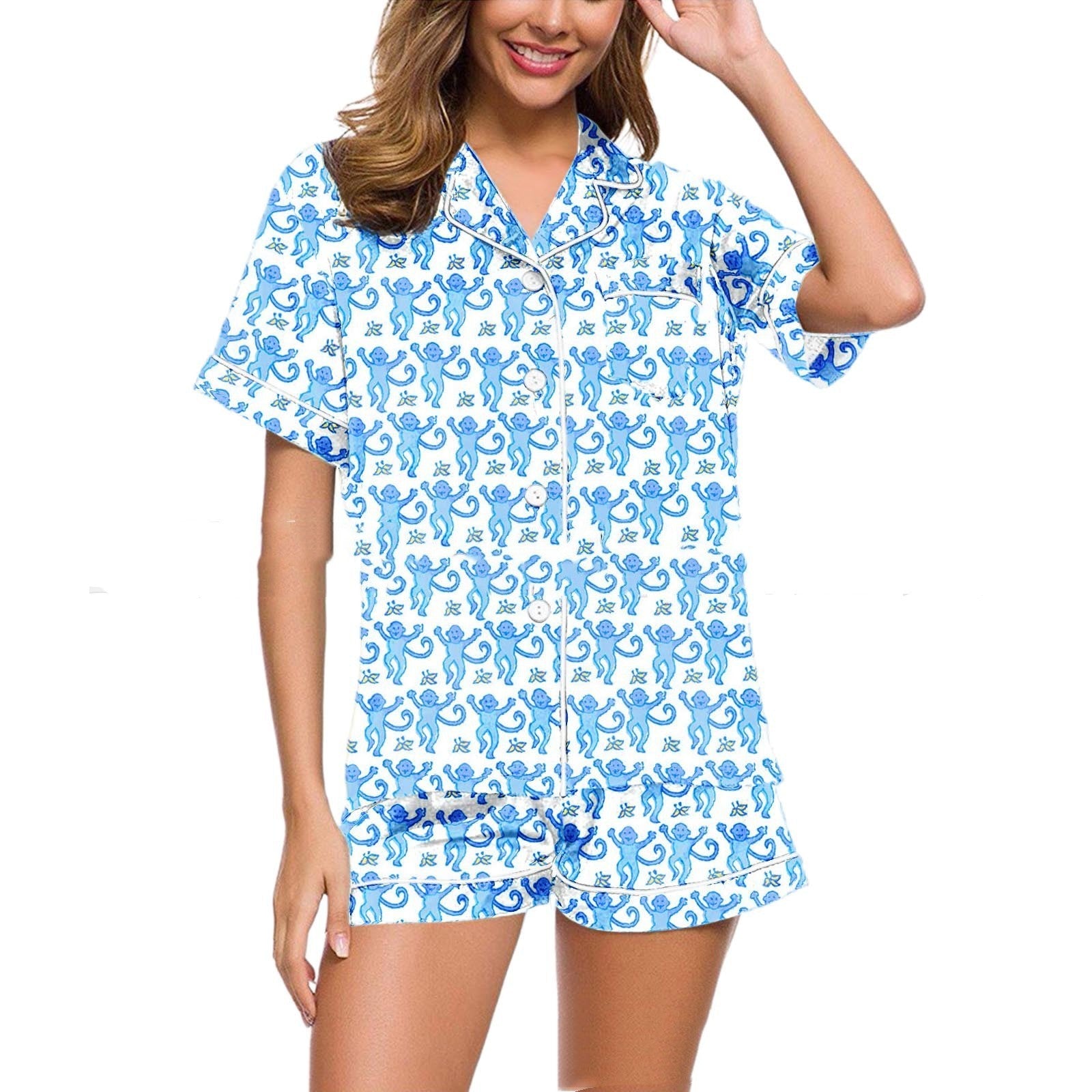 Blue monkey printed pajamas button-down short sleeve top with elastic waist shorts, women's summer and spring pajamas, women's travel pajamas, comfortable, breathable, stylish women's pajamas.