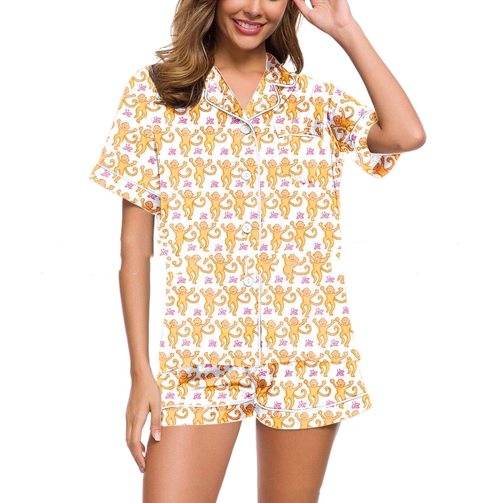Gold monkey printed pajamas button-down short sleeve top with elastic waist shorts, women's summer and spring pajamas, women's travel pajamas, comfortable, breathable, stylish women's pajamas.