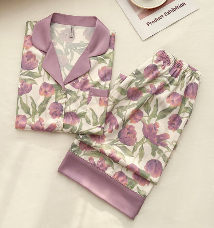 Beautiful Soft Satin Soft Mauve Tulip Floral Pajamas, Button Down Top with Lapels, Long Sleeve, Elastic Waist Full Trousers, Women's Pajamas, Ladies Pajamas, Sleepwear