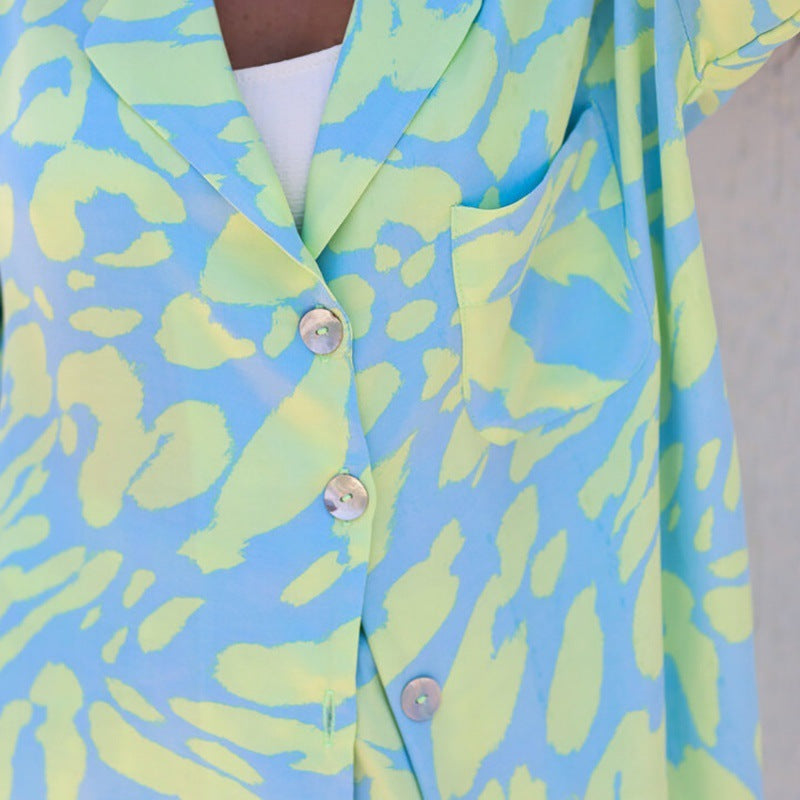 Summer colored printed women's pajamas classic pajama set, classic button down top, long-sleeve and elastic waist trousers. Summer Pajamas, travel pajamas, soft women's pajamas, ladies pajamas, green and blue