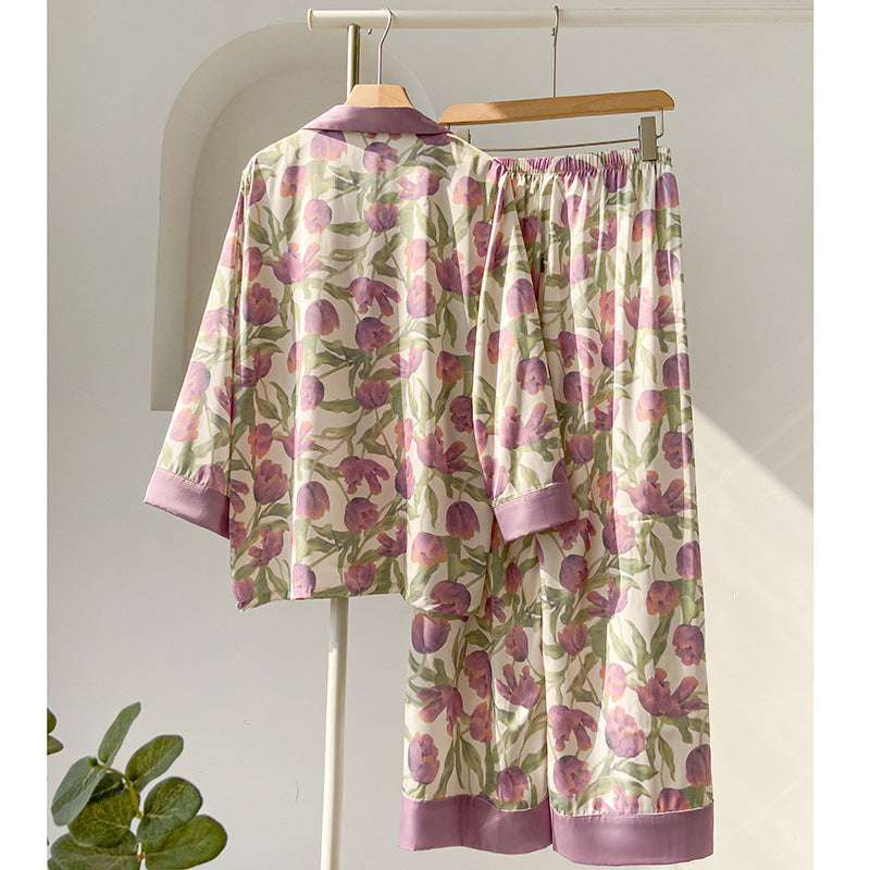 Soft Mauve Tulip Floral Pajamas, Button Down Top with Lapels, Long Sleeve, Elastic Waist Full Trousers , Women's Pajamas, Ladies Pajamas, Sleepwear