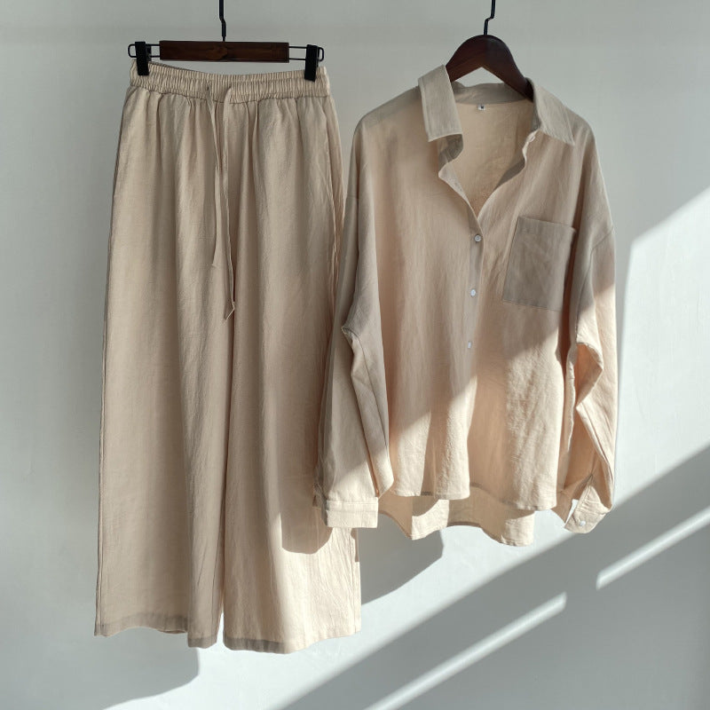 Apricot Beige Cotton Linen Button-Down Shirt with Long Sleeves and Loose Fit Trousers with Elastic Waist , Women's Summer Clothes, Ladies Loungewear, Casual Summer Clothes