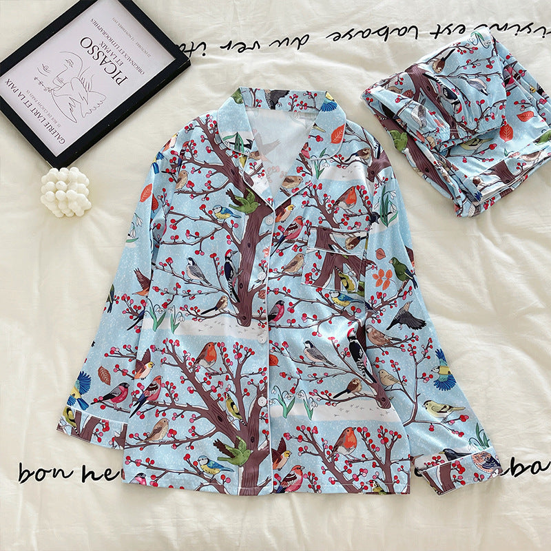 Women's Colorful Pajamas, Birds, Trees, Berries, Elastic Waist Trousers, Spring, Summer Winter, Fall, Women's Pajamas