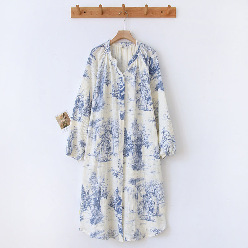 Cotton, Toile, Printed, Nightdress, Nightgown, Long Sleeve, Button Down
