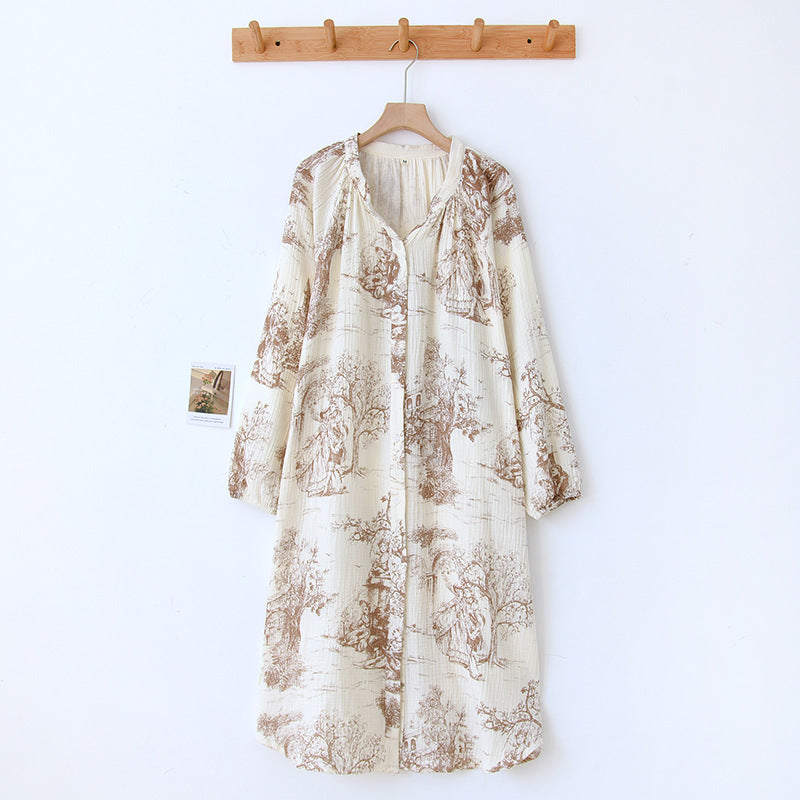 Cotton, Toile, Printed, Nightdress, Nightgown, Long Sleeve, Button Down