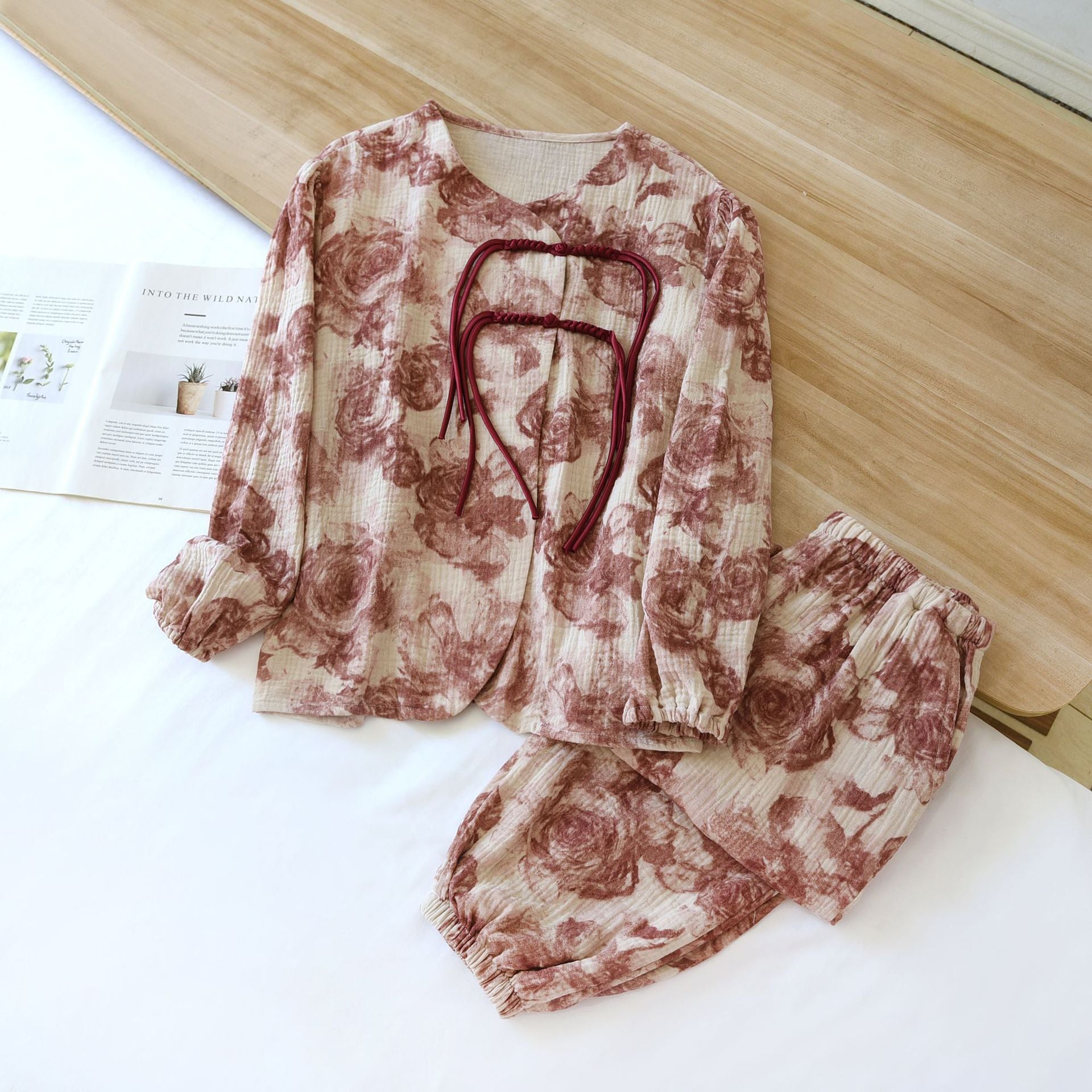 Cotton Women's Pajamas, Loungewear, Sleepwear, Garden Floral, Flower Pattern, two-piece women's pajama set, Long Sleeve Top and Long Elastic Trousers, comes in colors Green or Burgundy