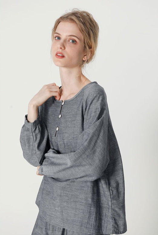 Cotton, women's contemporary style, classic pajamas, pajamas, top and bottom pajama set, conservative style, good coverage, loungewear, sleepwear, year round pajamas, colors grey, color pink, pullover top and elastic waist.