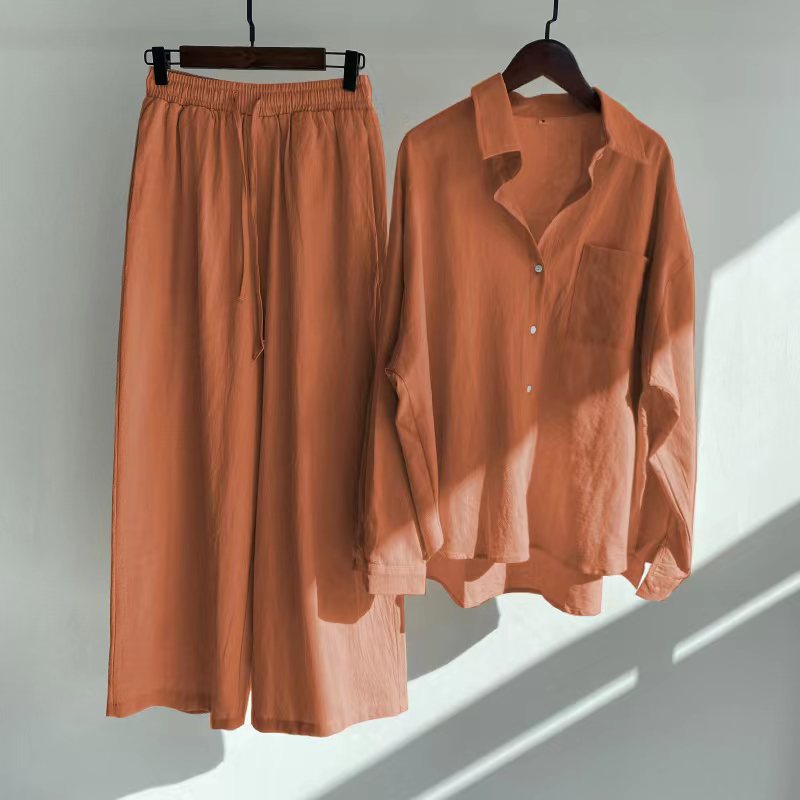 Copper Rust Orange Cotton Linen Button-Down Shirt with Long Sleeves and Loose Fit Trousers with Elastic Waist , Women's Summer Clothes, Ladies Loungewear, Casual Summer Clothes