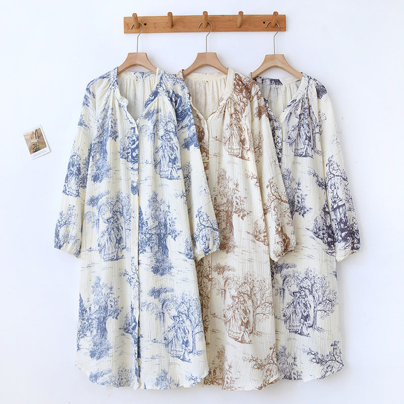 Cotton, Toile, Printed, Nightdress, Nightgown, Long Sleeve, Button Down
