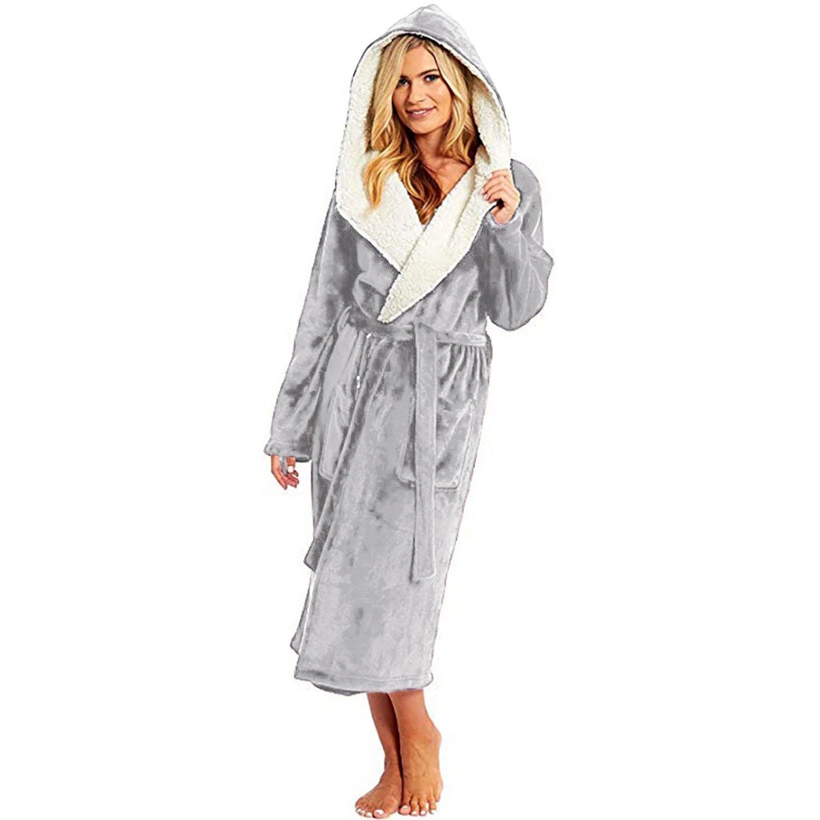 Womens Long Plush Robe Wrap Style with Belt and Hoodie