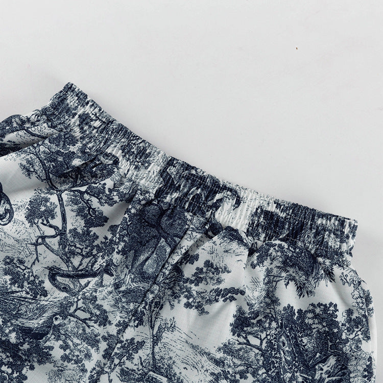 Toile Midnight Blue print women short shirt bra pajama set