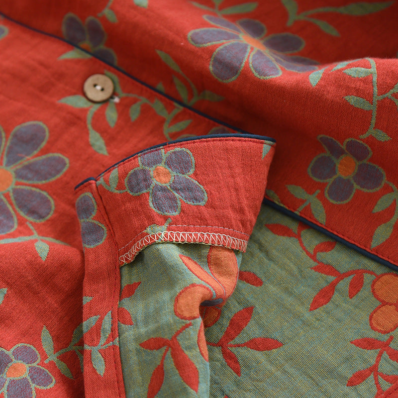 Red, Beautiful Jacquard weave cotton women's floral, daisy pajamas, Long sleeve women's pajamas, Button down pajama shirt, elastic waisted pajama trousers, women's pajamas for year round wear, comfortable, breathable, soft women's pajamas.