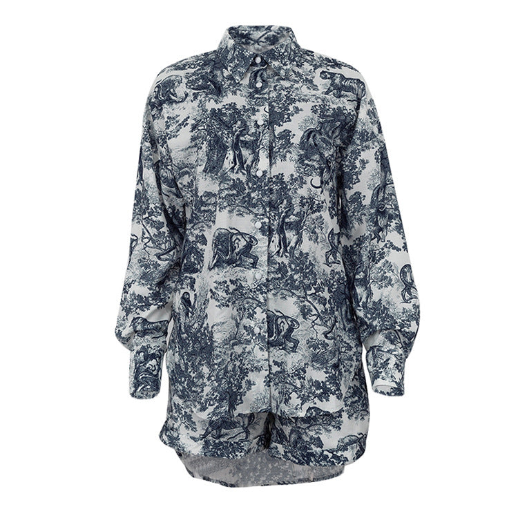 Toile Midnight Blue print women short shirt bra pajama set