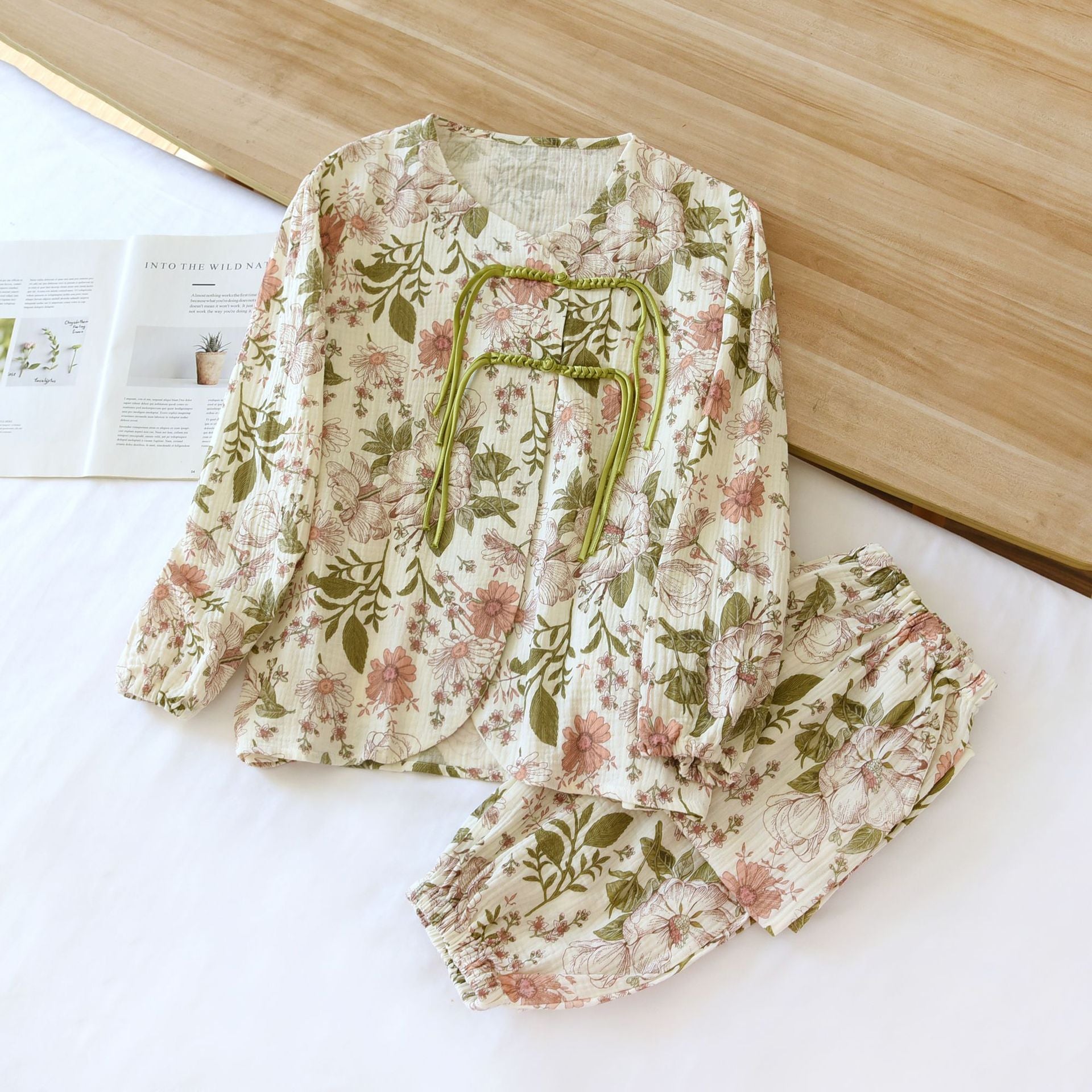 Cotton Women's Pajamas, Loungewear, Sleepwear, Garden Floral, Flower Pattern, two-piece women's pajama set, Long Sleeve Top and Long Elastic Trousers, comes in colors Green or Burgundy