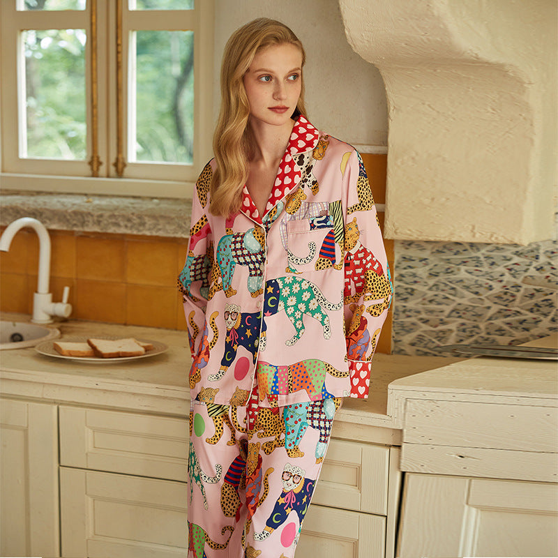 Pink and multi-color classic women's pajamas with colorful big cats, with flowers, polka-dots and stripes, heart accent lapel collar, iced silk finish supper soft and comfortable women's, ladies pajamas, sleepwear, loungewear