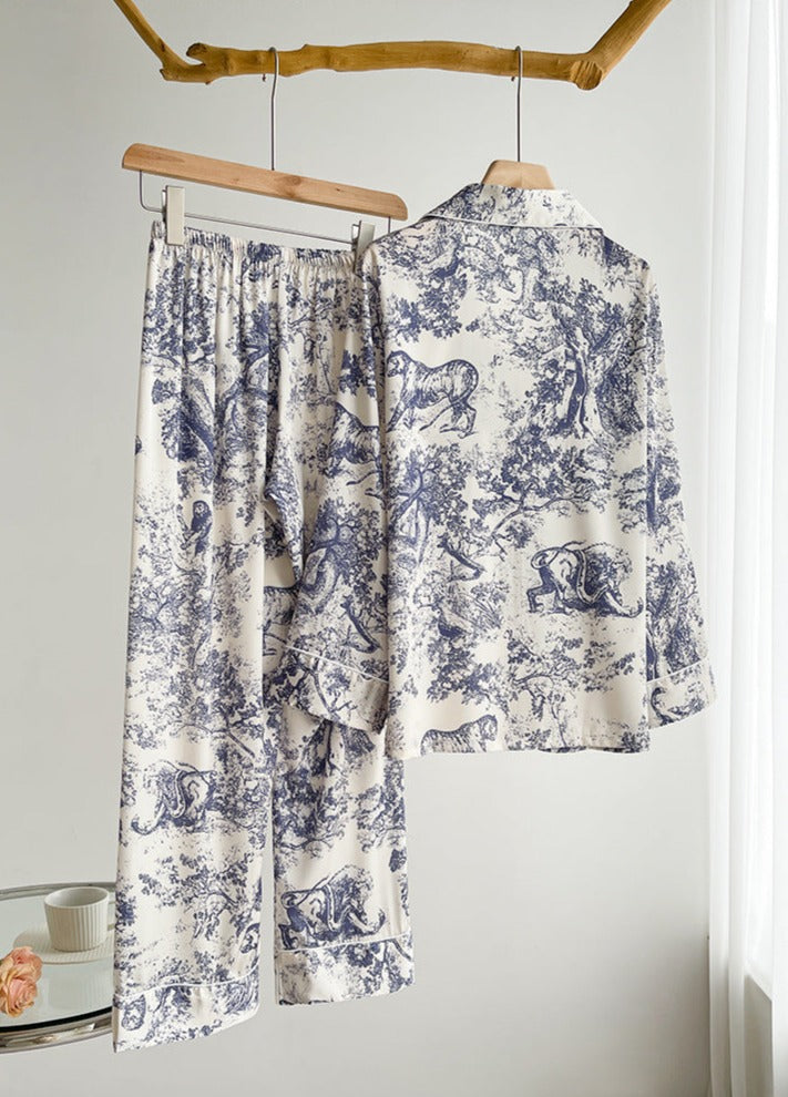 Blue and White printed toile, women's and ladies pajamas, long trousers, and classic button down long sleeve shirt, loungewear, sleepwear, casual classic pajamas
