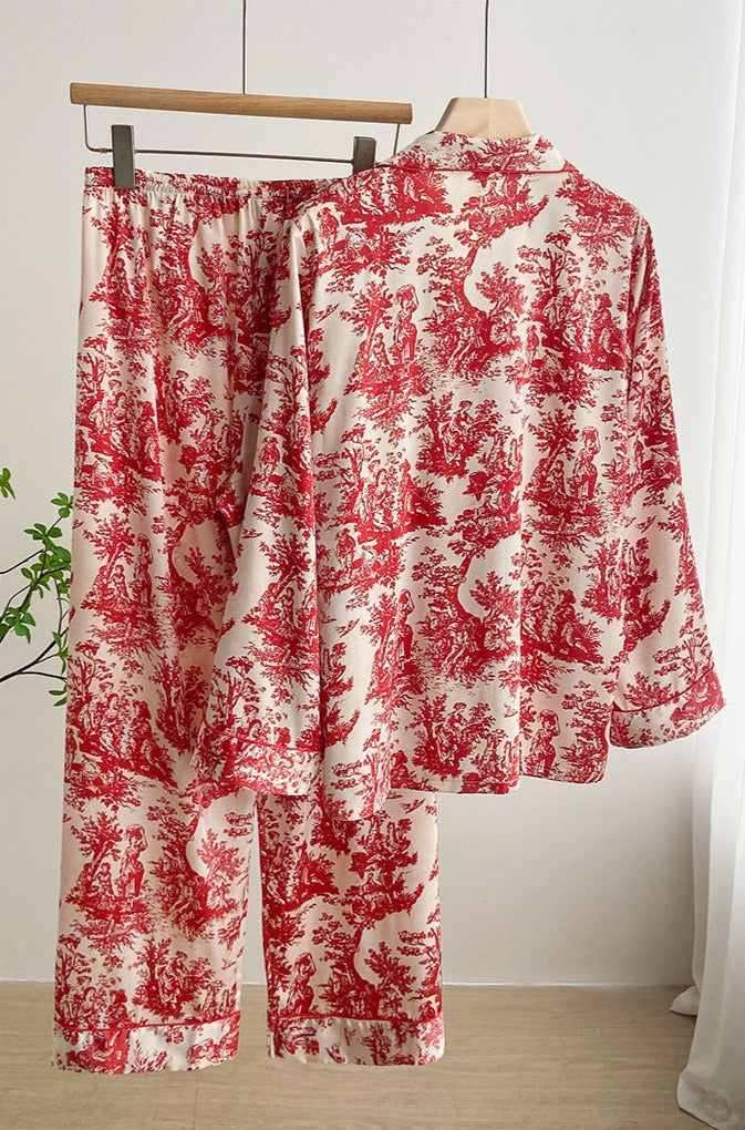 Red and White printed toile, women's and ladies pajamas, long trousers, and classic button down long sleeve shirt, loungewear, sleepwear, casual classic pajamas