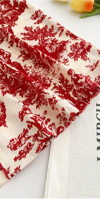 Red and White printed toile, women's and ladies pajamas, long trousers, and classic button down long sleeve shirt, loungewear, sleepwear, casual classic pajamas
