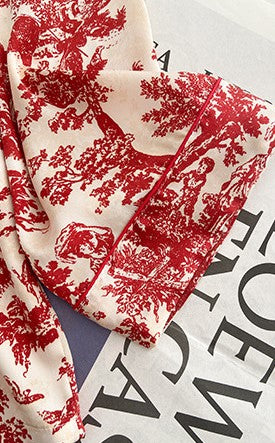 Red and White printed toile, women's and ladies pajamas, long trousers, and classic button down long sleeve shirt, loungewear, sleepwear, casual classic pajamas