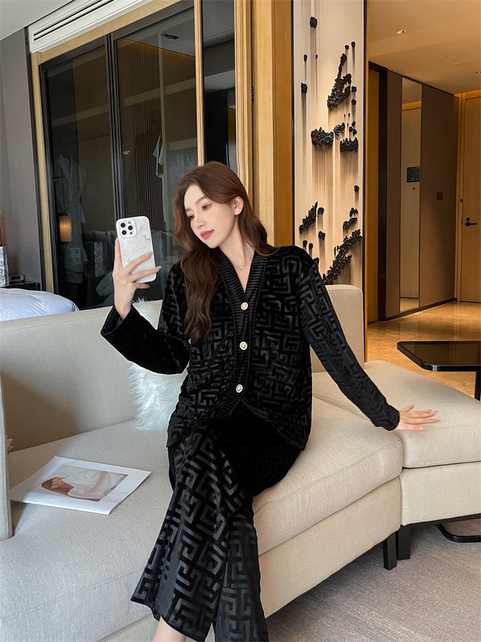 Black, Velveteen Women's pajamas, Soft, Velvet, Geometric design, Cardigan style button down long sleeve, v-neck top, soft style elastic waist trousers, luxurious, classy, stylish, comfortable, for year round wear.