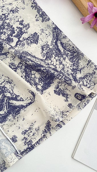 Blue and White printed toile, women's and ladies pajamas, long trousers, and classic button down long sleeve shirt, loungewear, sleepwear, casual classic pajamas