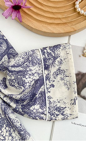 Blue and White printed toile, women's and ladies pajamas, long trousers, and classic button down long sleeve shirt, loungewear, sleepwear, casual classic pajamas