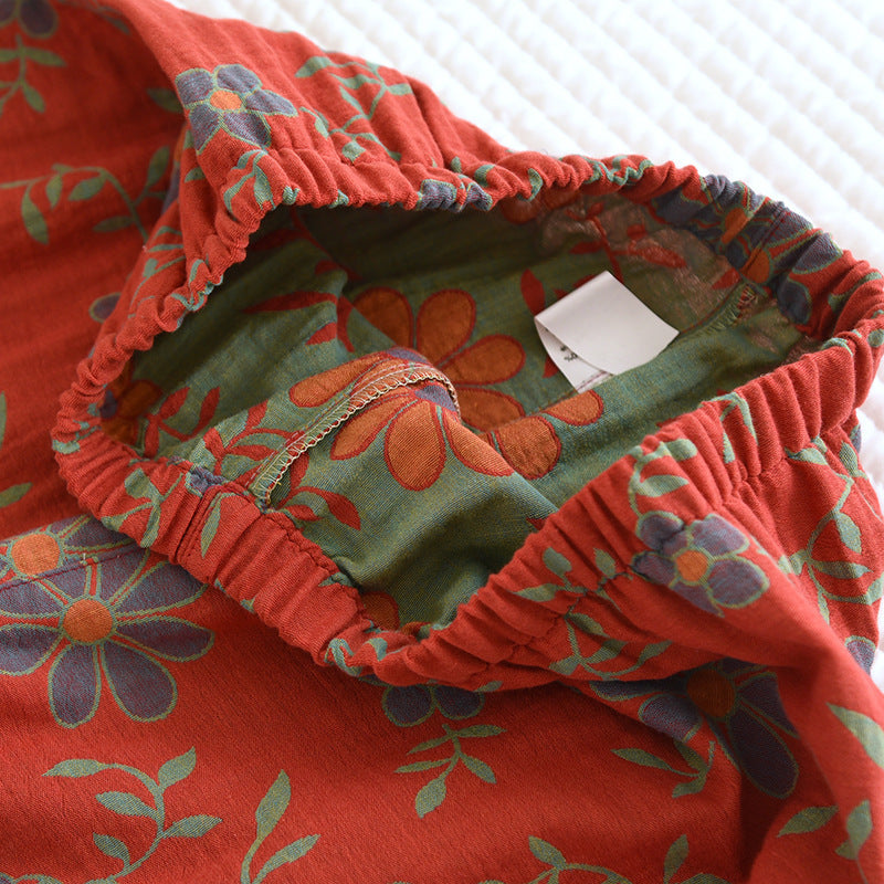 Red, Beautiful Jacquard weave cotton women's floral, daisy pajamas, Long sleeve women's pajamas, Button down pajama shirt, elastic waisted pajama trousers, women's pajamas for year round wear, comfortable, breathable, soft women's pajamas.