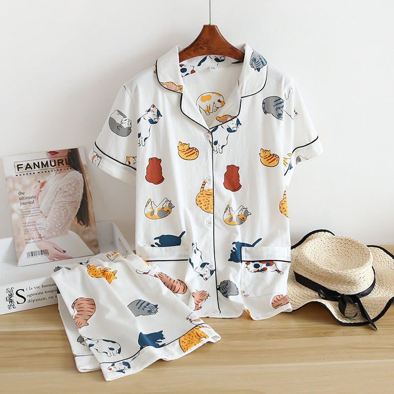 White women's pajamas, shorts and top with printed kitty cats. Summer, Spring, Women's Pajamas, Cat Lover Pajamas, Kitty Printed Pajamas