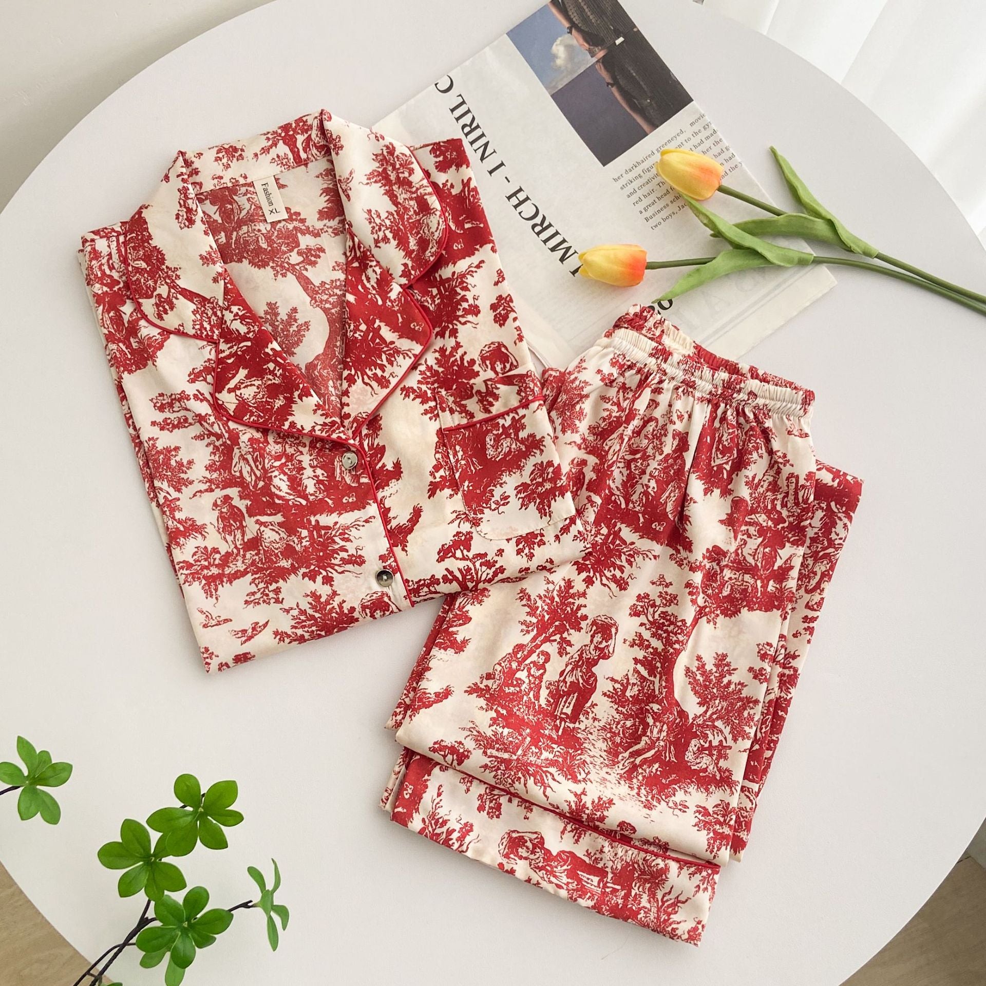 Red and White printed toile, women's and ladies pajamas, long trousers, and classic button down long sleeve shirt, loungewear, sleepwear, casual classic pajamas