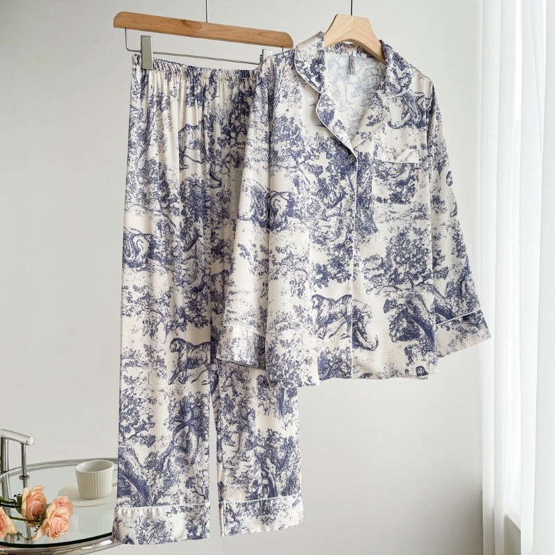 Blue and White printed toile, women's and ladies pajamas, long trousers, and classic button down long sleeve shirt, loungewear, sleepwear, casual classic pajamas