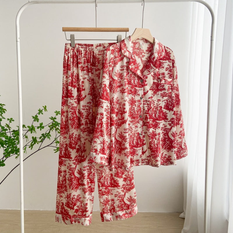 Red and White printed toile, women's and ladies pajamas, long trousers, and classic button down long sleeve shirt, loungewear, sleepwear, casual classic pajamas