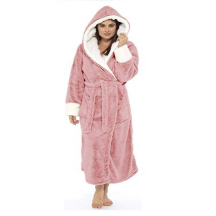 Womens Long Plush Robe Wrap Style with Belt and Hoodie