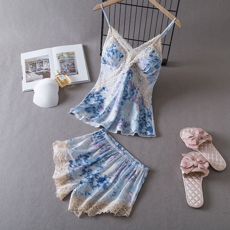 Baby Blue and Flowers, Floral, Lace Camisole and Shorts, Women's Pajamas, Ladies Pajamas, Sleepwear, Sexy Lingerie