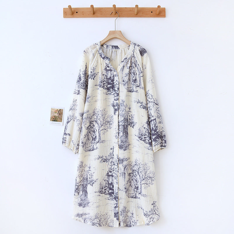Cotton, Toile, Printed, Nightdress, Nightgown, Long Sleeve, Button Down
