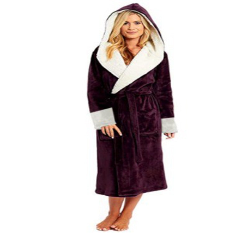 Womens Long Plush Robe Wrap Style with Belt and Hoodie