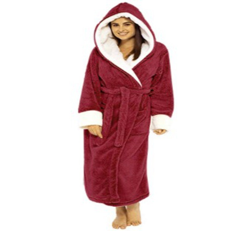 Womens Long Plush Robe Wrap Style with Belt and Hoodie