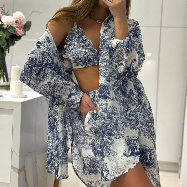 Toile Midnight Blue print women short shirt bra pajama set