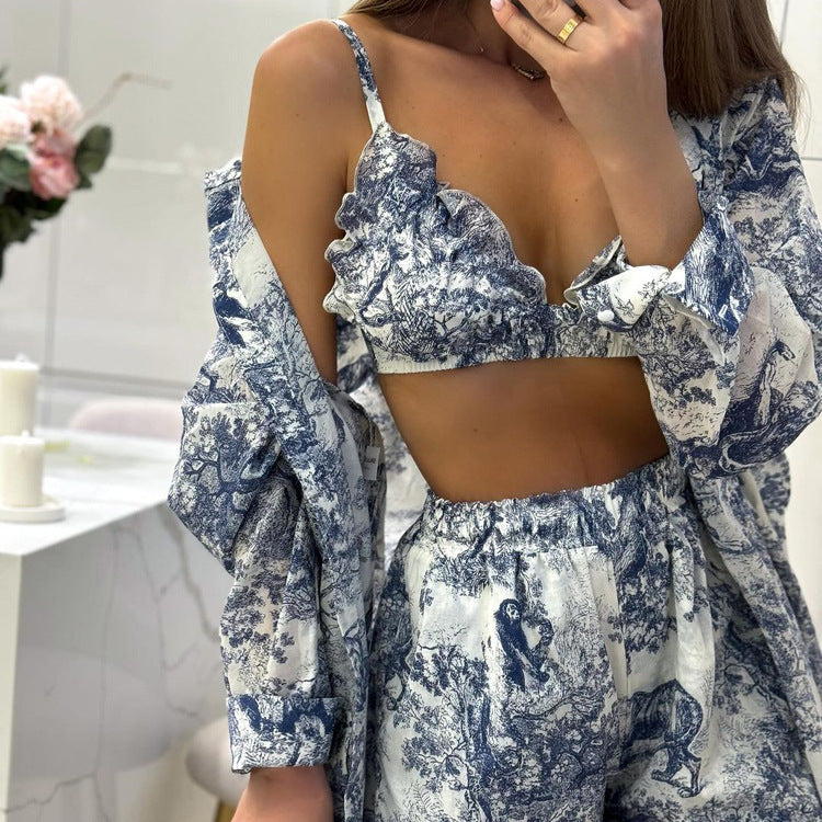 Toile Midnight Blue print women short shirt bra pajama set