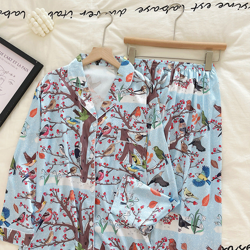 Women's Colorful Pajamas, Birds, Trees, Berries, Elastic Waist Trousers, Spring, Summer Winter, Fall, Women's Pajamas