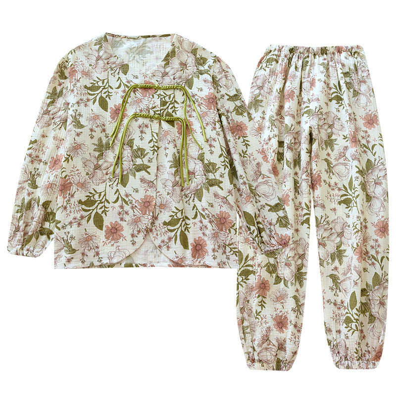 Cotton Women's Pajamas, Loungewear, Sleepwear, Garden Floral, Flower Pattern, two-piece women's pajama set, Long Sleeve Top and Long Elastic Trousers, comes in colors Green or Burgundy