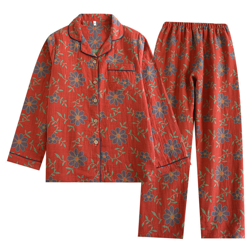 Red, Beautiful Jacquard weave cotton women's floral, daisy pajamas, Long sleeve women's pajamas, Button down pajama shirt, elastic waisted pajama trousers, women's pajamas for year round wear, comfortable, breathable, soft women's pajamas.