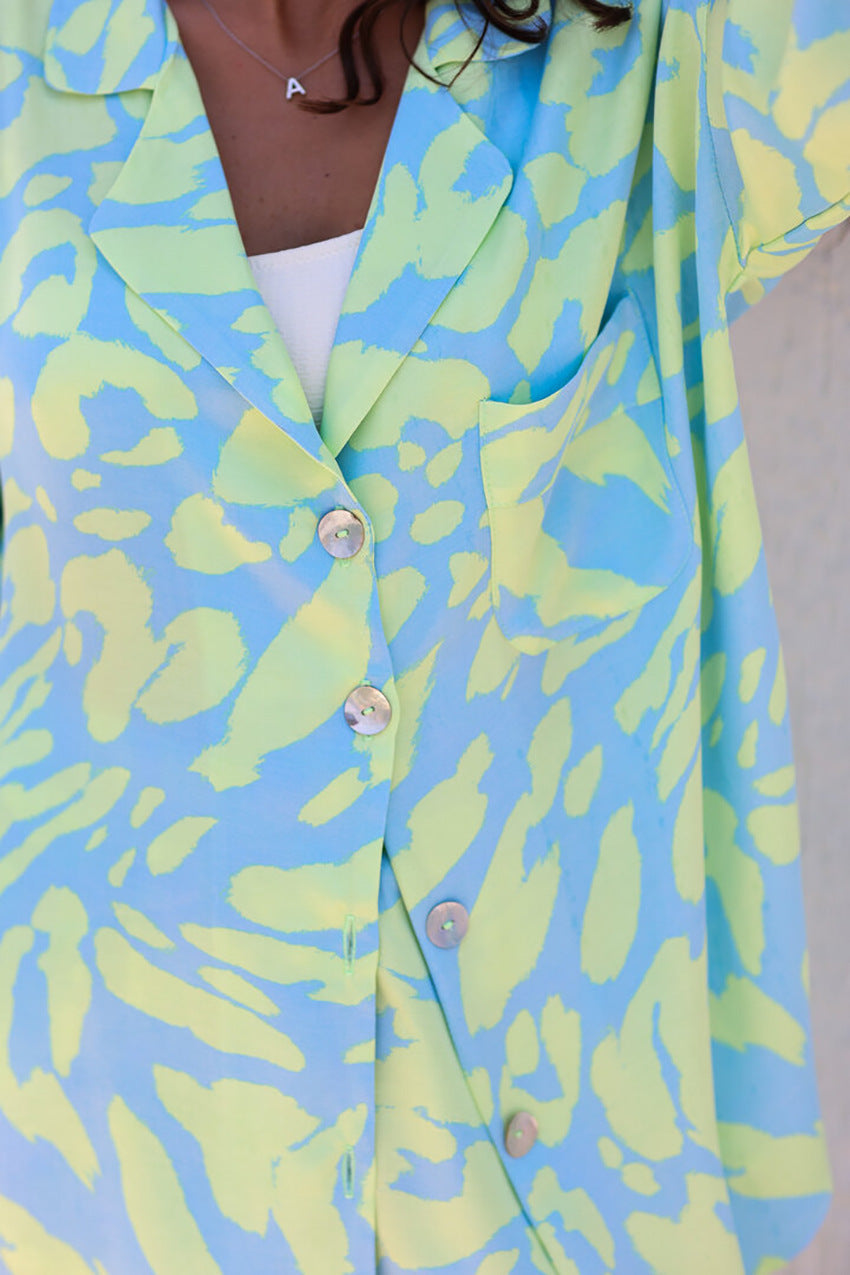 Summer colored printed women's pajamas classic pajama set, classic button down top, long-sleeve and elastic waist trousers. Summer Pajamas, travel pajamas, soft women's pajamas, ladies pajamas, green and blue