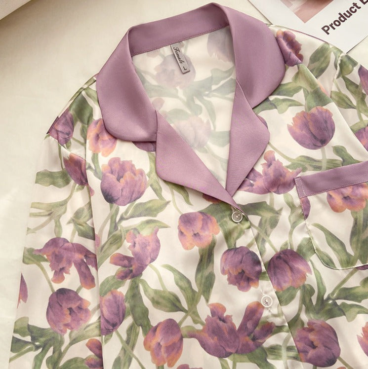 Soft Mauve Tulip Floral Pajamas, Button Down Top with Lapels, Long Sleeve, Elastic Waist Full Trousers, Women's Pajamas, Ladies Pajamas, Sleepwear