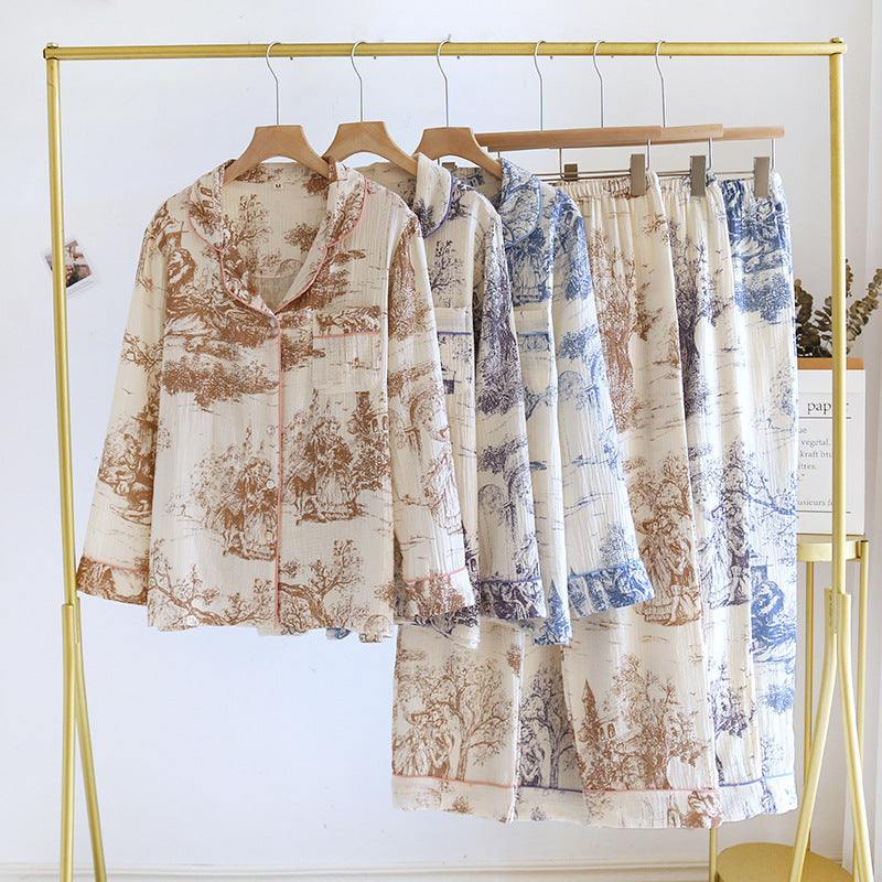 Toile print women's pajamas, brown toile, blue toile, purple toile, button-down top with long sleeves and elastic waist trousers; women's pajamas, lingerie, women's loungewear, cotton pajamas, stylish pajamas, comfortable, breathable women's pajamas