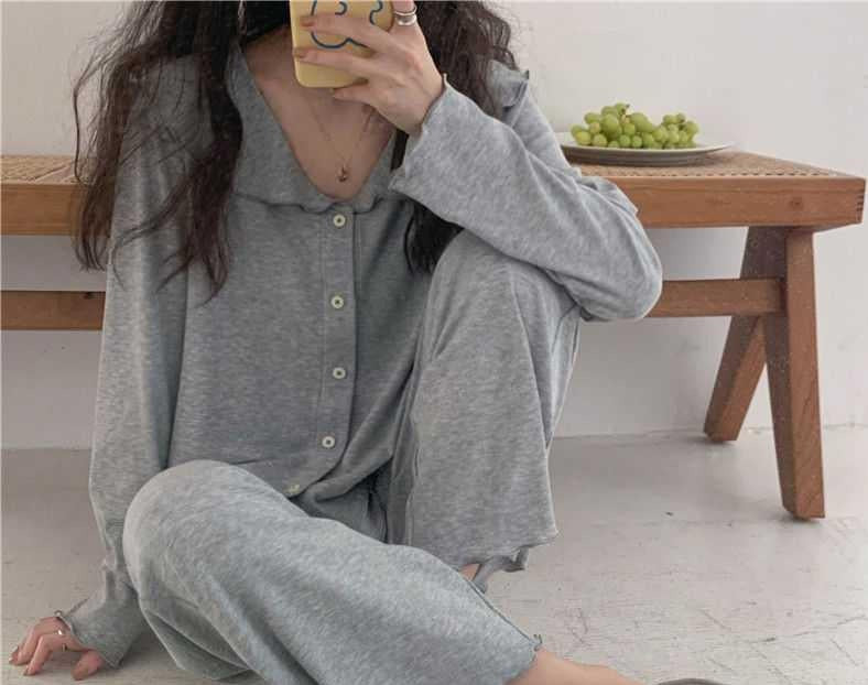 Grey Button Up Doll Collar Long Sleeve Top Loose Elastic Waist Band Trousers Scallop Edge Detail