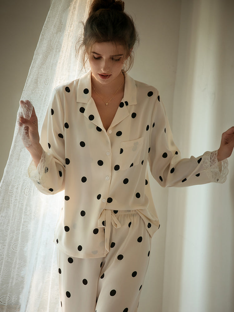 100% Silk, Off-White, Black Polka-Dot, Lace, Women's, Classic Style, Pajamas, Women's, ladies Pajamas, long trousers and button down top, Women's Pajamas, Women's Sleepwear, Ladies Pajamas, Women's Loungewear