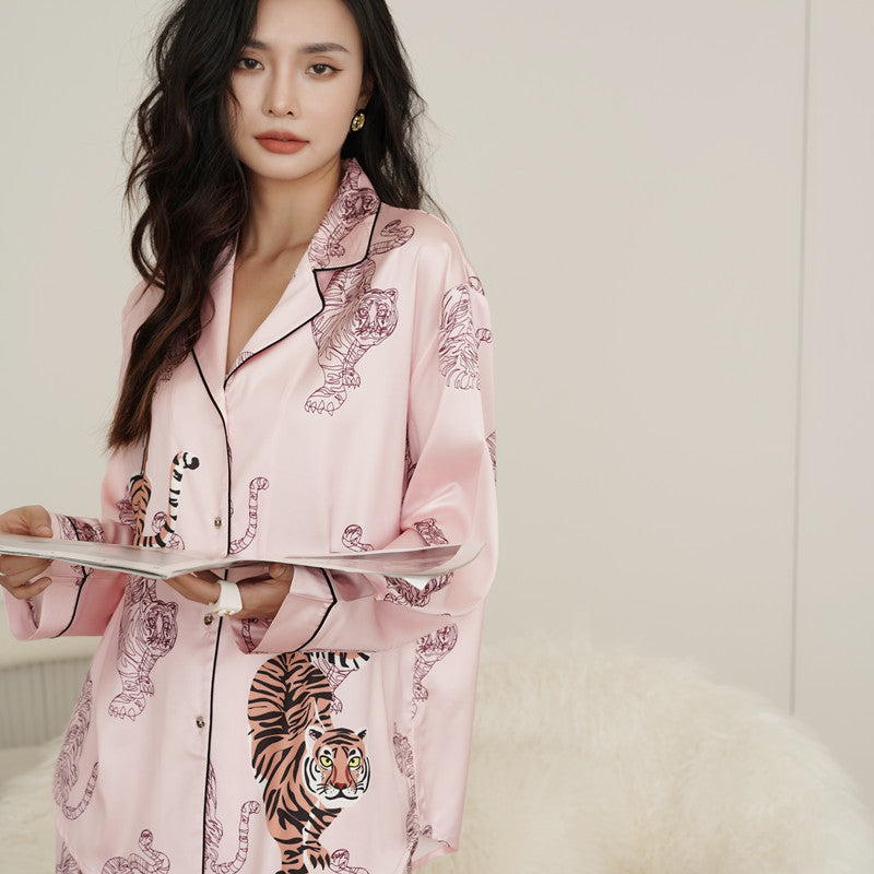 Pink with a larger Tiger pajamas, classic button down shirt with long sleeves, accent piping, long loose fit trousers, Ladies Pajamas, Women's Pajamas, Soft Satin Pajamas, Classic Pajamas, Animal Printed Pajamas